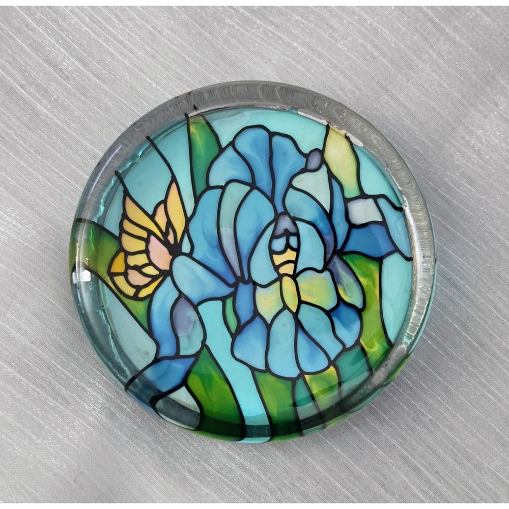 Joan Baker Designs Blue Iris‎ Butterfly Handpainted Stained Glass Paperweight